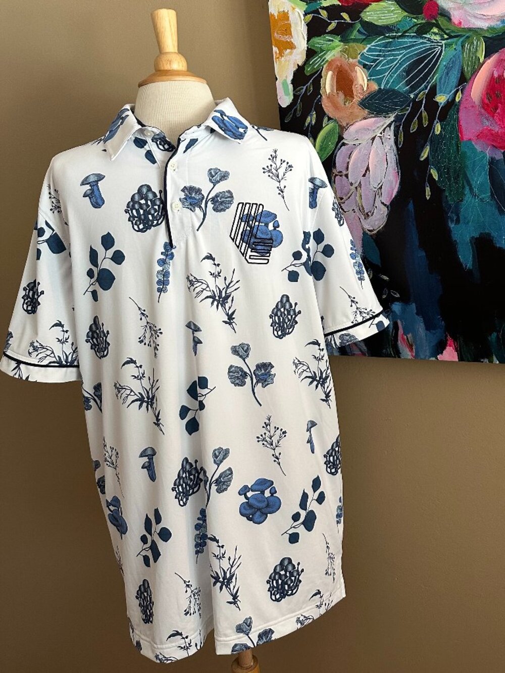 Extracurricular LA Men's Botanical Mushroom Print Polo Shirt L